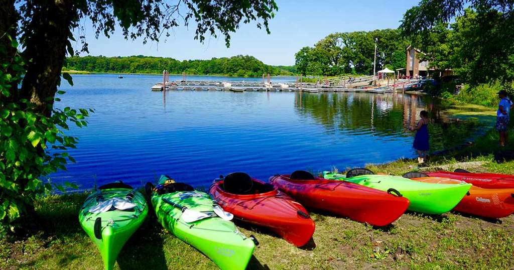 Kayaks on a lake.
